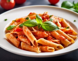 stir fried organic whole wheat penne rigate pasta with fresh tomatoes sauce and basil leaves in white plate