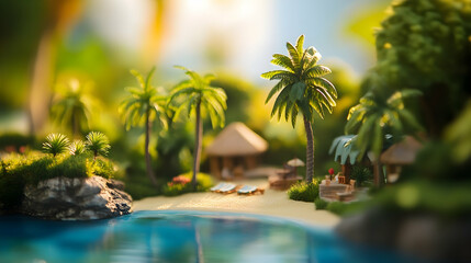 A vibrant miniature tropical getaway featuring a beach house surrounded by palm trees and clear blue waters under bright sunlight