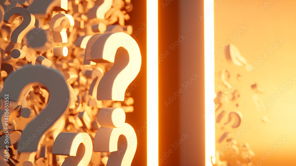 Poster 3d rendering of numerous question marks, light beige, forming a dense mass, lit by warm orange light