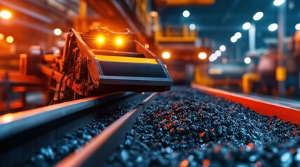 An automated sorting machine in a modern mining facility, scanning and separating valuable minerals from rock debris, with copy space