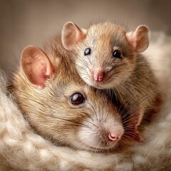 Two Brown Mice Sitting On Top Of A Pile Of Fur