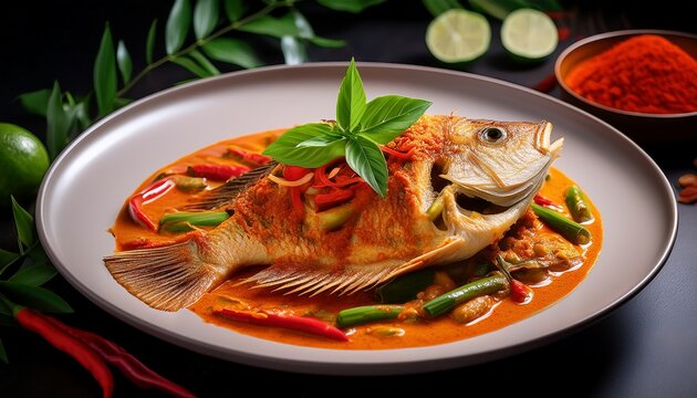 tilapia fish with red curry sauce thai chu chee fish curry in a plate