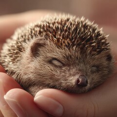 Hedgehog Sleeping On A Person ' S Hand With Its Eyes Closed