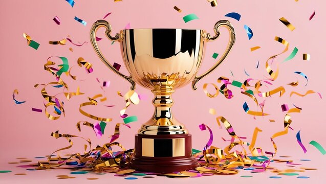 Stunning golden trophy surrounded by colorful confetti on a bright pink background with space for inspirational copy