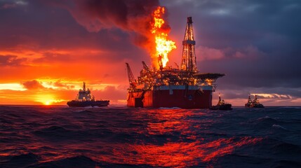 An industrial offshore supply ship delivering equipment to a massive oil drilling platform under a sunset sky, with copy space