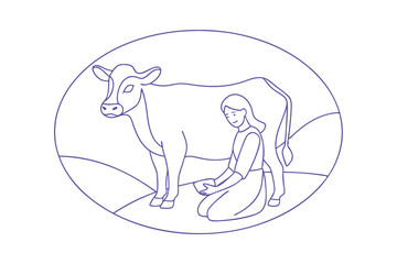 Obraz premium Minimalist Illustration Of A Woman Milking A Cow In A Rural Setting
