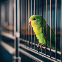  A Green Bird Sitting In A Cage Looking Out