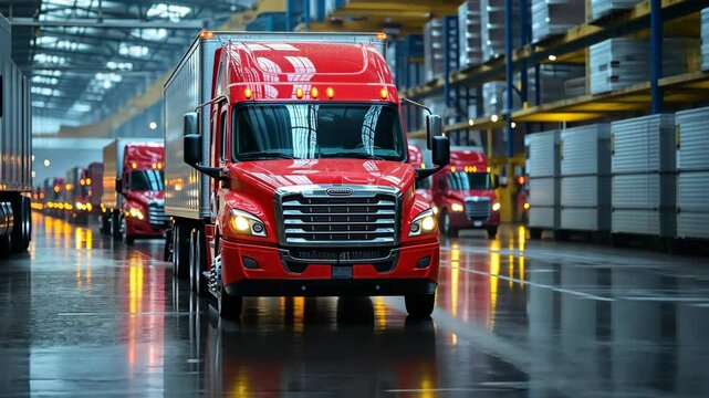 Freightliner Cascadia: A Red Fleet of Trucks in a Wet Warehouse