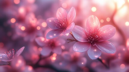 Close-up of delicate cherry blossom flowers with soft pink and white petals, blurred background with bokeh lights.
