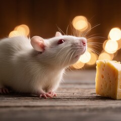 A White Rat That Is Sitting Next To A Piece Of Cheese