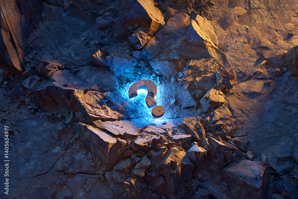 Poster glowing blue question mark embedded in rough, dark rocks, illuminated against a contrasting orange b