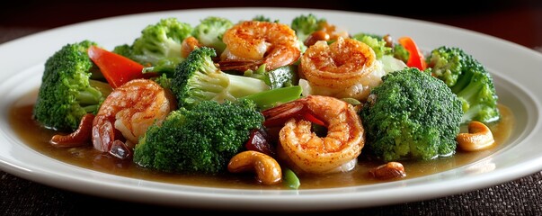 A generous portion of stir-fried shrimp with broccoli and cashews in a light sauce - oil delicious photography homemade tasty
