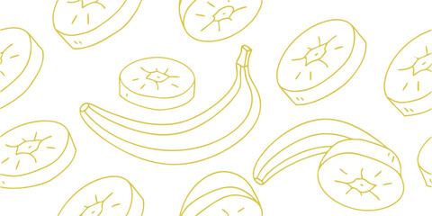 Seamless Banana and Slice Fruit Pattern in Yellow Outline for Tropical Design.
banana, fruit, tropical, pattern, seamless, yellow, slice, outline, design, healthy.