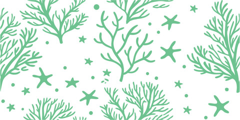 Hand Drawn Coral and Starfish Seamless Pattern in Green on White Background. coral, starfish, ocean, seamless, marine, underwater, sea, nature, tropical, pattern