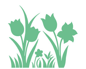 Silhouette Floral Pattern with Tulips and Daffodils in Green on White Background.
floral, silhouette, tulip, daffodil, pattern, spring, green, flower, garden, design.
