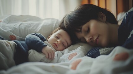 A Woman And A Baby Sleeping On A Bed