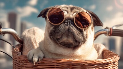 Dog using Sunglasses Sitting In A Basket With A Bicycle Handlebar