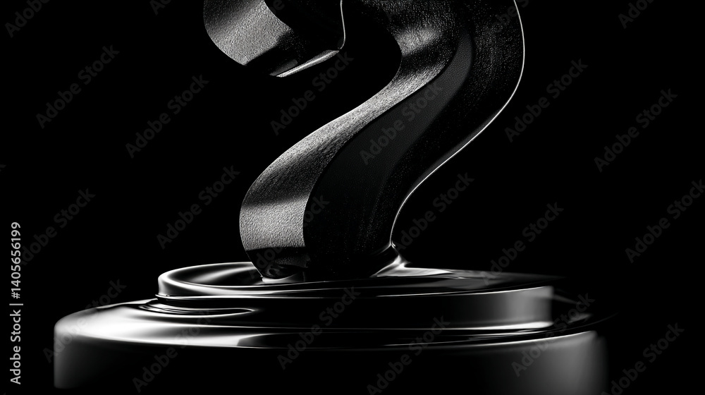 Poster black question mark on a glossy black pedestal, creating a dramatic and mysterious mood, suitable fo