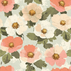 beautiful floral pattern featuring soft pink and white flowers with green leaves on light background, evoking sense of tranquility and nature beauty