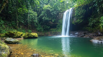 A scenic waterfall cascading into a lush emerald colored pool
