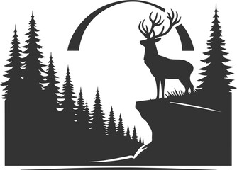 Deer with forest tree vector silhouette