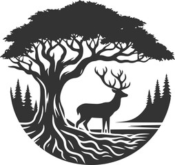 Deer with forest tree vector silhouette