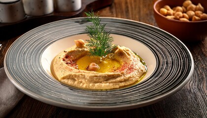 hummus dish served on plate in restaurant