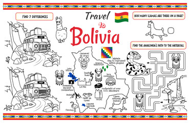 A fun placemat for kids. Printable “Travel to Bolivia” activity sheet with a labyrinth and find the differences. 17x11 inch printable vector file