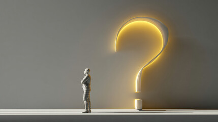 Abstract 3D render of a person facing a glowing question mark, symbolizing uncertainty, decision-making, or problem-solving in business or life