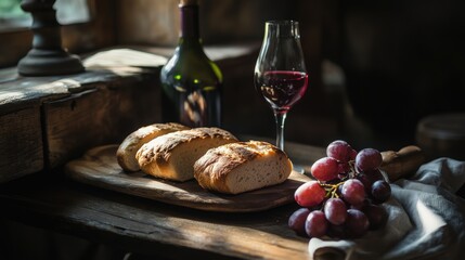 Rustic still life crusty bread red wine and grapes