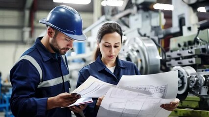 Two engineers in a factory setting review blueprints. The video captures them from a side angle, emphasizing teamwork and industrial focus.