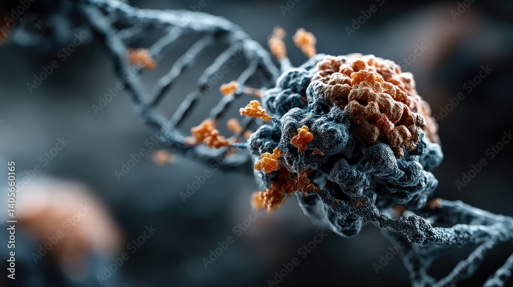 Poster close up of dna strand with cluster of molecules attached, symbolizing genetic research and innovati