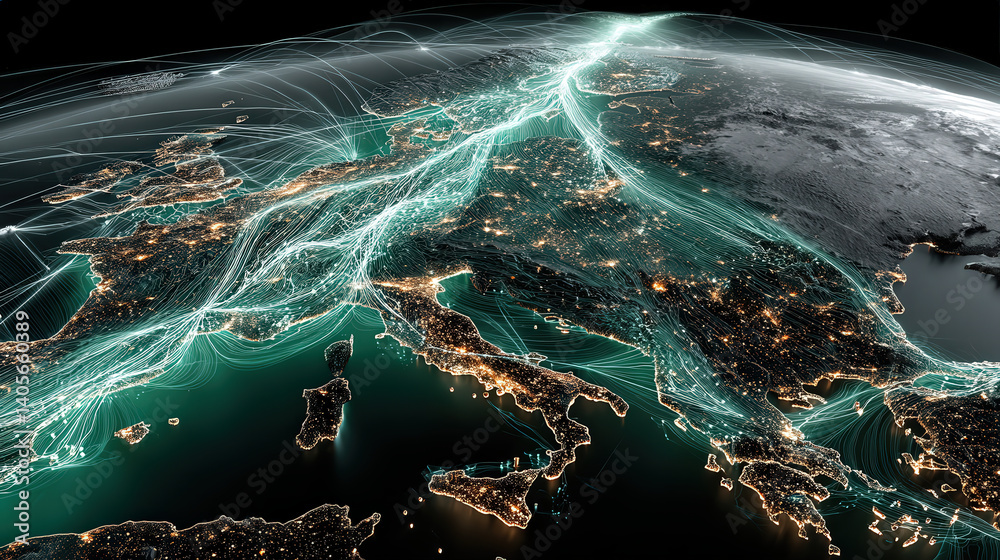 Poster digital visualization of Europe interconnected water grid, illuminated with glowing lines representing data flow and connectivity across continent