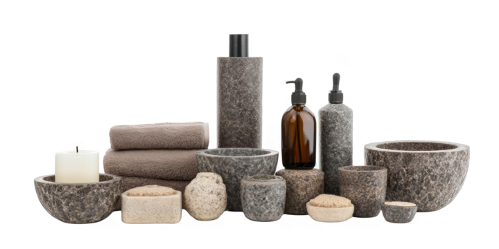 Isolated Photo of Bathroom Accessories with Stone Texture and Candles
