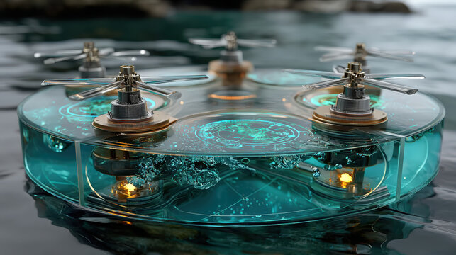 futuristic floating platform with rotating turbines hovers above water, showcasing advanced technology and innovation. transparent design reveals intricate details and glowing elements