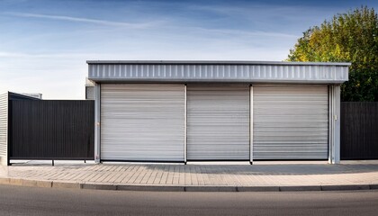 Obraz premium closed shutters and metal accordion gate of a shoplot including surroundings