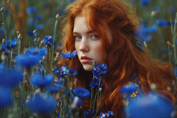 Redhead young woman with freckles in blue cornflowers wildflowers, natural beauty and commercial portrait