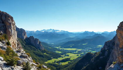 Fototapeta premium Stunning mountain view over green valley and distant peaks in the Dolomites during a clear sunny day
