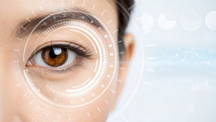 Eye Transplant. Corneal Transplant Close-up of a woman's eye with digital elements, symbolizing technology and biometric identification.