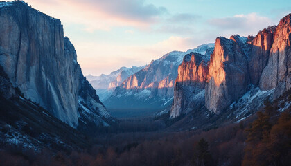 Naklejka premium Majestic mountain landscape at sunrise illuminating valley in Yosemite National Park with serene atmosphere