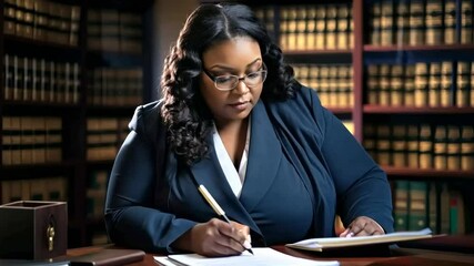 A professional woman in a library setting, writing at a desk. The video captures a medium-angle shot, emphasizing focus and determination.