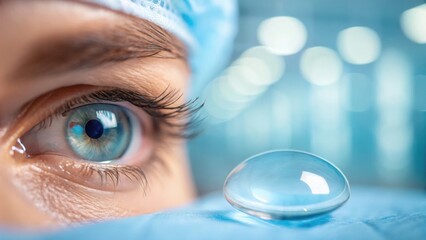 Eye Transplant. Corneal Transplant Close-up of a person's eye with a contact lens on a surface, showcasing focus and clarity.