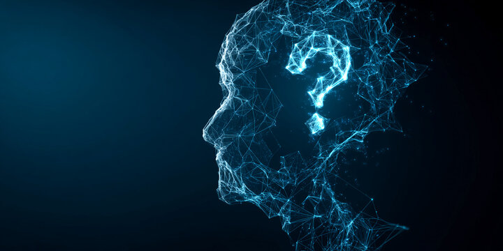 Abstract profile of a head, formed by network of glowing lines, with question mark inside symbolizing curiosity, inquiry, problem-solving set against dark blue background, leaving free space for text