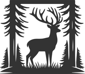 Deer with forest tree vector silhouette