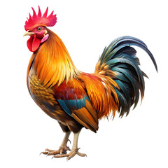 Fototapeta premium Rooster bright red orange green feathers stands on isolated background.png 