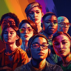 Obraz premium Diverse Pixel Art Portraits with Vibrant Rainbow Background