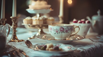 Fototapeta premium A beautiful tea set arranged with treats and candles on a table