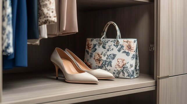 Beige heels and floral handbag on closet shelf with clothes.