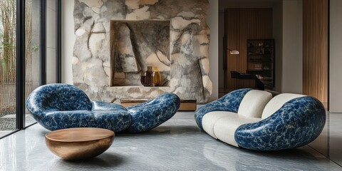 Abstract Modern Living Room with Stone Fireplace and Blue Marble Furniture