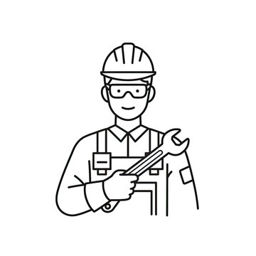 engineer holding wrench, black outline clip art preview